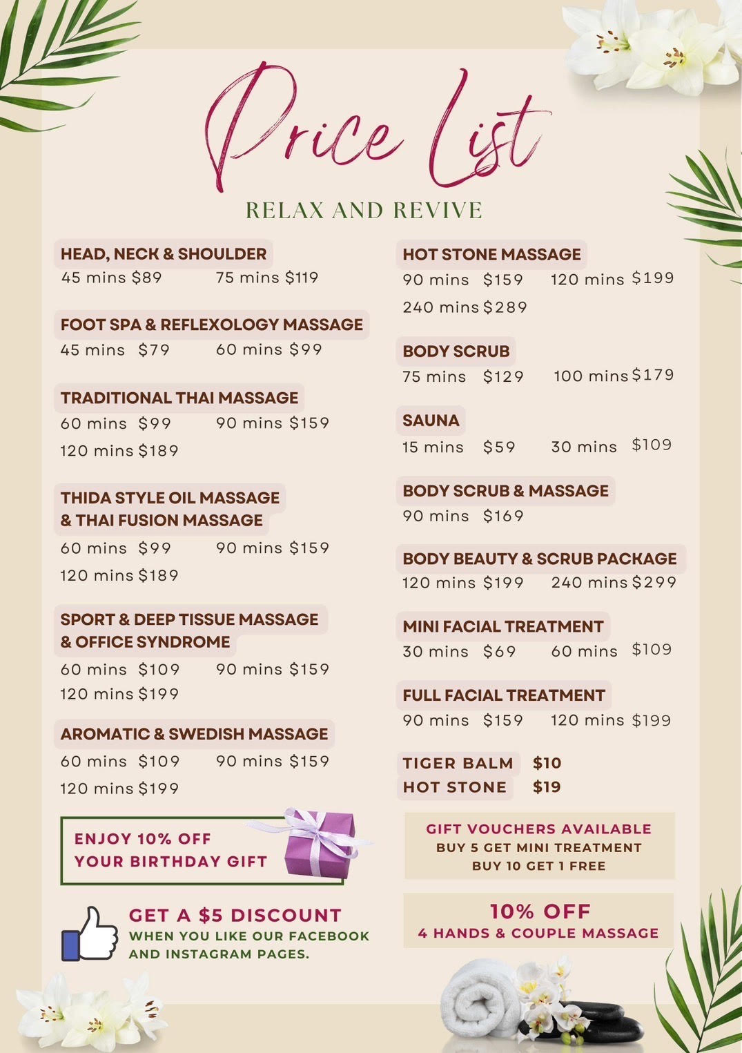 Thida Thai Massage in Birkenhead price list.